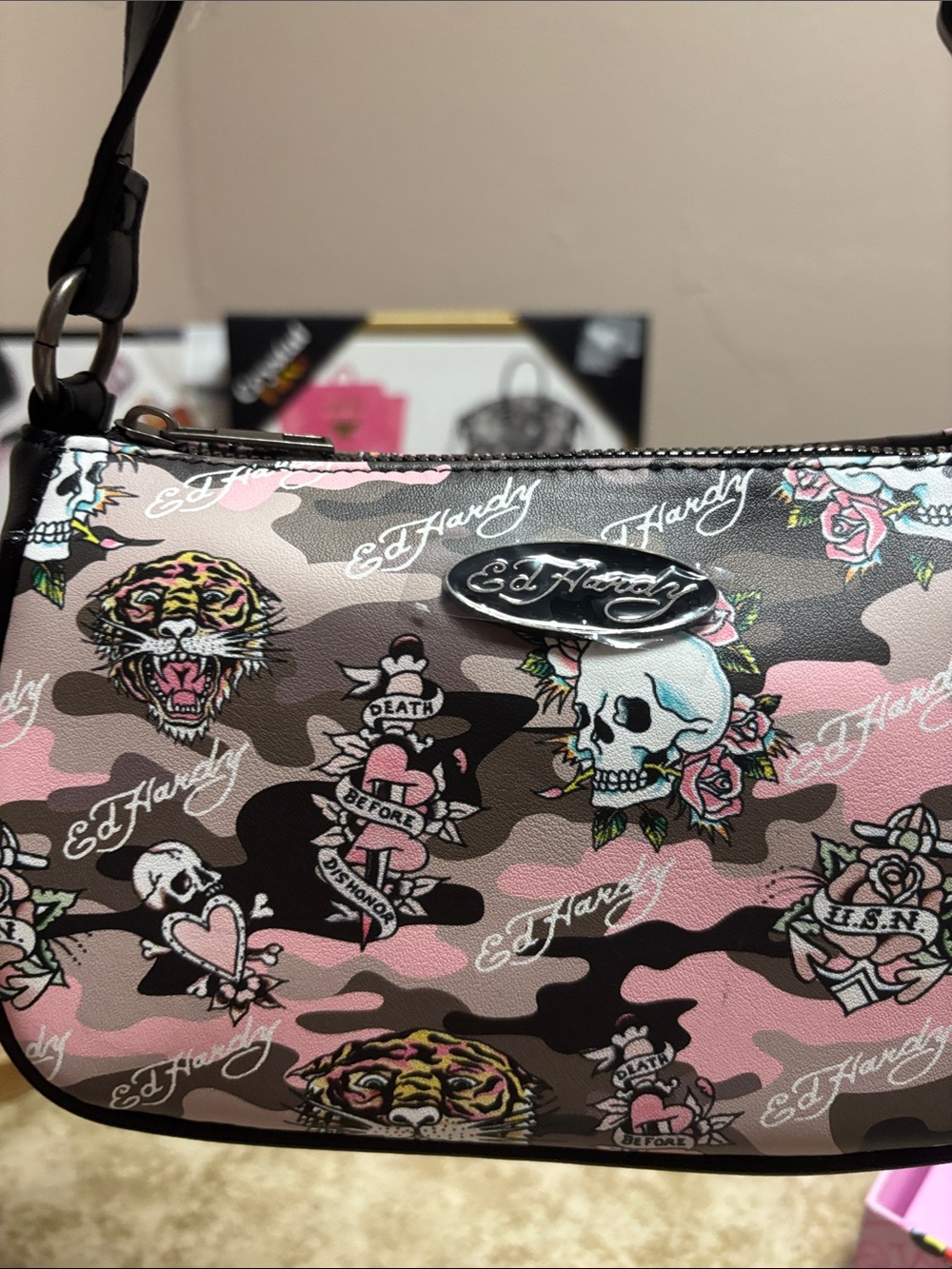 Ed Hardy Pink Camo Skull & Tattoo Print Shoulder Bag